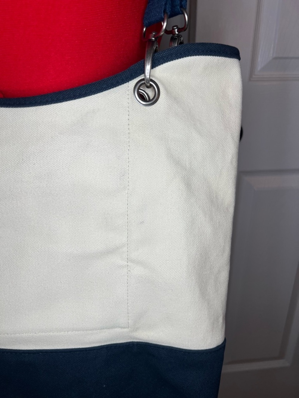 Canvas Crew Tote Bag by Thirty One Navy Cream Large Embroidered Frog - Picture 8 of 13